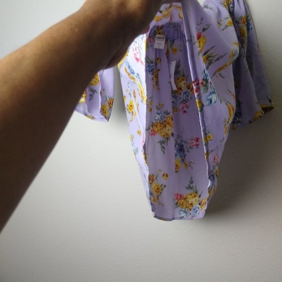 MARCI Purple Floral Print Off Shoulder Notch V Neck Slit sleeves Medium Blouse - Picture 8 of 9